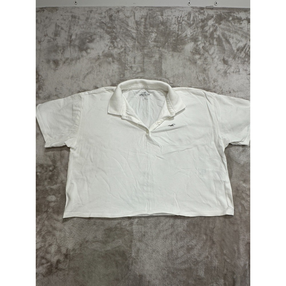Hollister Crop Polo Shirt Womens Size Medium White Short Sleeve Collared EUC